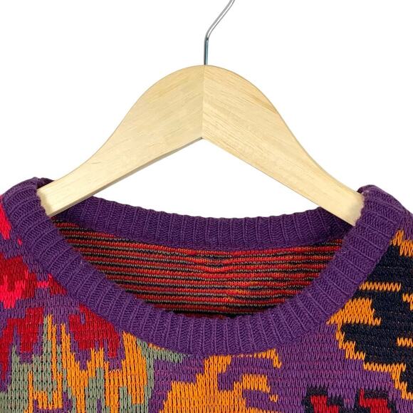 Vintage 80s Y2K Women's Sweater Purple Red Gold Floral Crew Neck - Picture 3 of 7